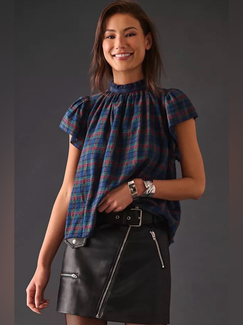 Anthropologie Trovata Birds of Paradise Carla Highneck Shirt in Tinsel Plaid M - Picture 3 of 14